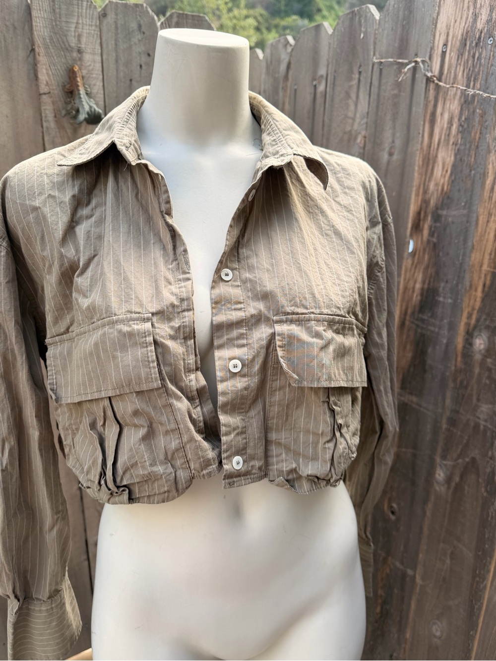 ZARA Taupe Pinstripe Cropped Shirt size medium - Picture 2 of 7